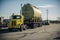 nuclear waste containment vessel being transported by truck, surrounded by armed security