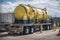 nuclear waste containment vessel being transported by truck, surrounded by armed security