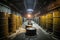 nuclear waste repository, with barrels and drums of radioactive material stored safely in massive underground facility