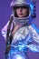 Nude cosmic woman in silver suit and helmet