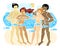 Nudism. Multinational party nude people relax on a nudist beach. Rest naked. Doodle style. Flat vector illustration with