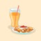 Nuggets and fresh orange juice - cute cartoon colored picture. Graphic design elements for menu, poster, brochure, ad. Vector