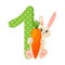 Number 1 one for kids. Learn to count with funny bunny. Vector illustration.