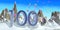 Number 100 in thick blue font on a snowy mountain with rock mountains landscape with snow and balloons flying in the background.3D