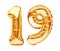 Number 19 nineteen made of golden inflatable balloons isolated on white. Helium balloons, gold foil numbers. Party decoration,