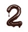 Number 2 with dripping drop is made of melted chocolate, isolated on white background