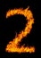 Number 2 font in burning fire isolated on dark background for numeric design purpose