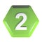 Number 2 green hexagonal push button - 3D rendering illustration