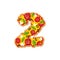 Number 2 pizza font. Italian meal alphabet numeral two. Lettring fast food