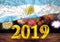 Number 2019, new year, behind the flag of Argentina, background fireworks