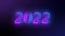 Number 2022 neon light bright glowing. 2022 happy New Year dark background with decoration with neon number  on Purple and blue