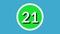 Number 21 sign symbol animation motion graphics on green sphere on blue background