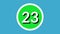 Number 23 sign symbol animation motion graphics on green sphere on blue background