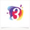 Number 3 Negative space design. Number 3 logo at colorful multicolor splash background