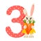 Number 3 three for kids. Learn to count with funny bunny. Vector illustration.