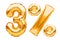 Number 3 three and percent sign made of golden helium inflatable balloons isolated on white. Gold foil numbers for web