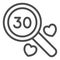 Number 30 under magnifying glass and two heart line icon, anniversary concept, thirty vector sign on white background