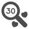 Number 30 under magnifying glass and two heart solid icon, anniversary concept, thirty vector sign on white background