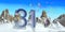 Number 31 in thick blue font on a snowy mountain with rock mountains landscape with snow and balloons flying in the background.3D