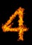 Number 4 font in burning fire isolated on dark background for numeric design purpose