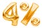 Number 4 four and percent sign made of golden helium inflatable balloons isolated on white. Gold foil numbers for web