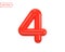 Number 4 Sign. Realistic Red Plastic Glossy 3D Number Four isolated on white background. Birthday, Anniversary, Christmas, Xmas,