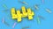 Number 44 for birthday, anniversary or promotion, in thick yellow letters on a blue background decorated with candies, streamers,