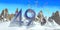 Number 49 in thick blue font on a snowy mountain with rock mountains landscape with snow and balloons flying in the background.3D