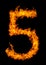 Number 5 font in burning fire isolated on dark background for numeric design purpose