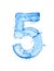 Number 5 made of water splashes, isolated on a white background