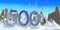 Number 500 in thick blue font on a snowy mountain with rock mountains landscape with snow and balloons flying in the background.3D