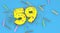 Number 59 for birthday, anniversary or promotion, in thick yellow letters on a blue background decorated with candies, streamers,