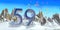 Number 59 in thick blue font on a snowy mountain with rock mountains landscape with snow and balloons flying in the background.3D