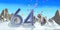 Number 64 in thick blue font on a snowy mountain with rock mountains landscape with snow and balloons flying in the background.3D