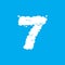 Number 7 cloud font symbol. White Alphabet sign seven on blue sk