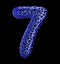 Number 7 seven made of blue plastic with abstract holes isolated on black background. 3d