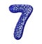 Number 7 seven made of blue plastic with abstract holes isolated on white background. 3d