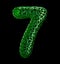 Number 7 seven made of green plastic with abstract holes isolated on black background. 3d