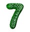 Number 7 seven made of green plastic with abstract holes isolated on white background. 3d