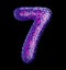 Number 7 seven made of purple plastic with abstract holes isolated on black background. 3d