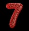 Number 7 seven made of red plastic with abstract holes isolated on black background. 3d