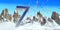 Number 7 in thick blue font on a snowy mountain with rock mountains landscape with snow and balloons flying in the background.3D