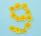 Number 9 on a blue background from yellow bright spring flowers. Children`s age, baby month, symbol of flowers