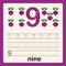 Number 9, card for kids learning to count and to write, worksheet for kids to practice writing skill, Vector illustration