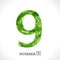 Number 9. Grunge Symbol nine. Green Eco Style on a white. Ecology nature Design. Jpeg illustration