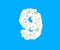 Number 9 made of dense white clouds on blue background, cloud font - 3D illustration of symbols