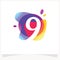 Number 9 Negative space design. Number 9 logo at colorful multicolor splash background