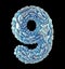 Number 9 nine made of crumpled silver and blue foil isolated on black background. 3d
