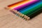 A number of colored pencils in a row on wooden background. Colorful photograpphy. Selected focus on green