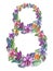 Number eight made of beautiful colorful orchid flowers and mostera leaves. illustration for women`s day.